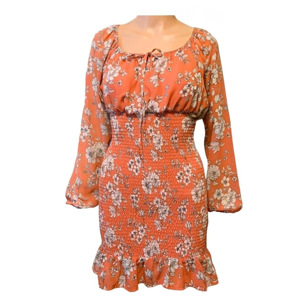 J for Justify Women's Size S Peach Coral Floral Smocked Ruffle Hem Mini Dress